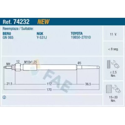 Свеча накаливания 74232 FAE - купить в магазине запчастей по Украине