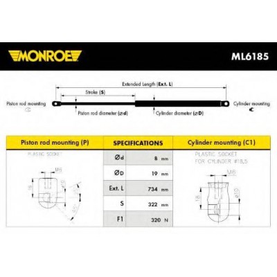 Газовая пружина, капот ML6185 MONROE - купить в магазине запчастей по Украине