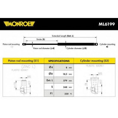 Газовая пружина, капот ML6199 MONROE - купить в магазине запчастей по Украине